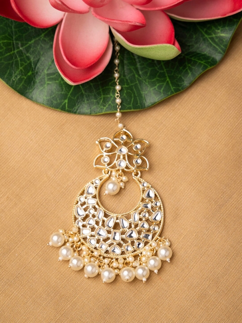 

INDYA Gold-Toned White Pearl Zircon Encrusted Mangtikka