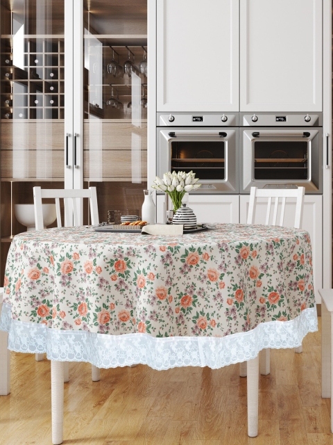 

BIANCA Off White & Peach Floral Printed Easy Clean Table Cover