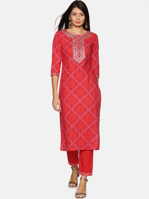 

Palakh Women Red Ethnic Motifs Printed Thread Work Pure Cotton Kurta with Trousers