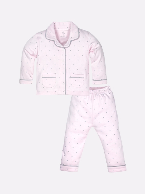 

BABY GO Girls Pink & Grey Printed Pure Cotton Night suit