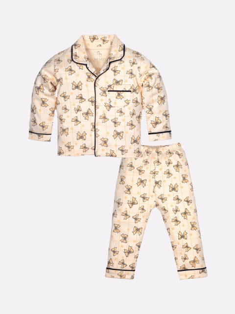 

BABY GO Girls Yellow & Black Printed Pure Cotton Night suit
