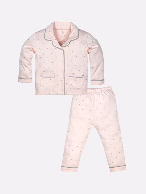 

BABY GO Girls Peach-Coloured & Grey Printed Pure Cotton Night Suit