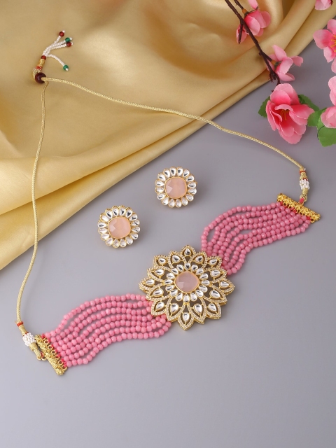 

VIRAASI Gold-Toned & Pink Kundan Studded & Beaded Jewellery Set