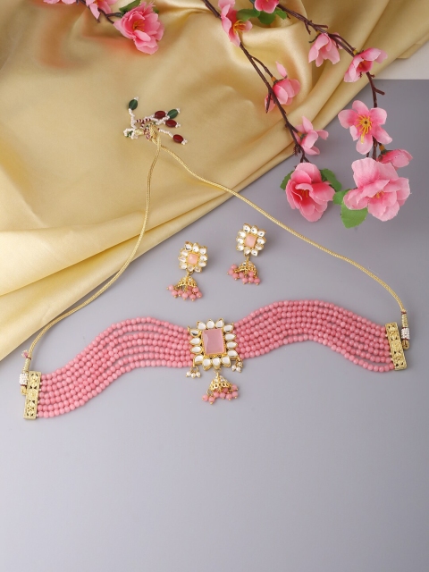 

VIRAASI Gold-Toned & Pink Kundan Studded & Beaded Jewellery Set