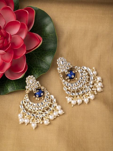 

INDYA Blue & Gold Plated Kundan Beaded Chandbalis