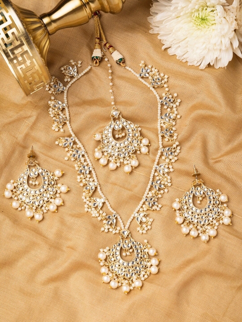 INDYA Gold-Toned & White Pearl Beaded & Stone Studded Jewellery Set