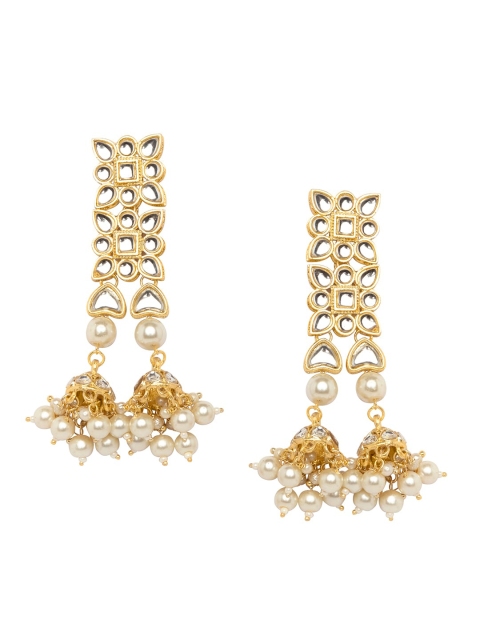 

INDYA Gold-Plated & White Kundan Beaded Jhumkas