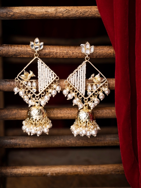 

INDYA Gold-Plated & White Beaded Domen Shaped Jhumkas