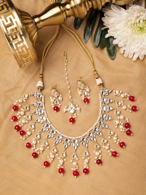 

INDYA Gold-Plated & White Red Beaded Earring Necklace Set with Maang Tika