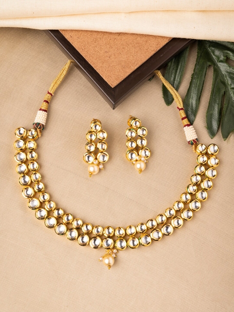 

INDYA White & Gold-Toned Kundan Studded Double Layered Pearl Drop Earring Necklace Set