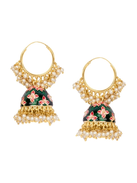 

INDYA Green Contemporary Enamel Beaded Hoop Jhumka Earrings