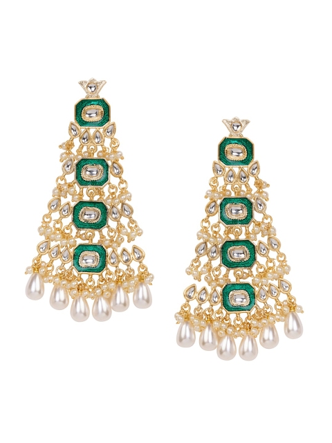 

INDYA Green & Gold-Toned Contemporary Drop Earrings