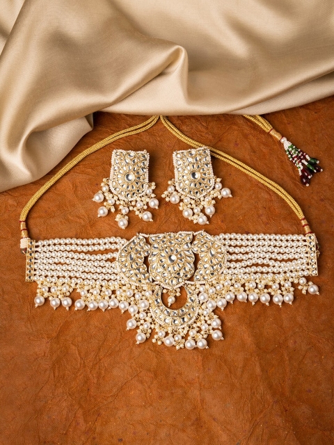 

INDYA Gold-Toned & White Kundan Studded & Beaded Encrusted Jewellery Set