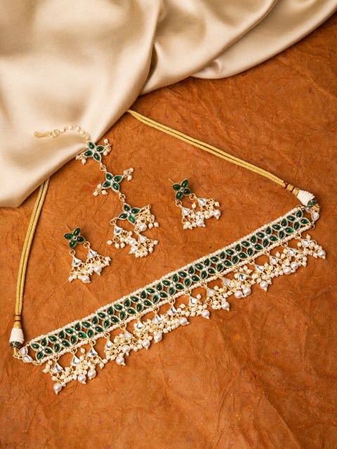 

INDYA Green & Gold-Plated Pearl-Studded Meenakari Jewellery Set