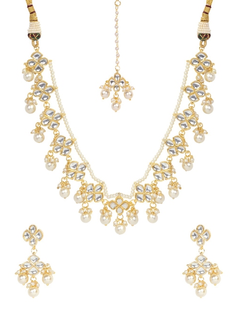 

INDYA Gold-Plated & White Kundan Pearls Jewellery Set with Maang Tika