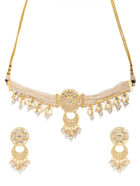 

INDYA Gold-Toned & White Beaded Circular Pearl Drop Earring Necklace Set