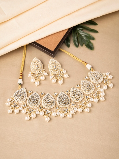 

INDYA Gold-Toned & White Petal Kundan Encrusted Pearl Jewellery Set