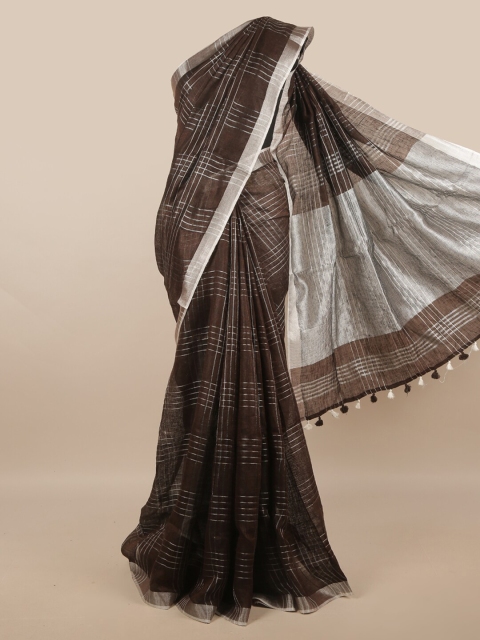 

Pothys Brown & Silver-Toned Checked Linen Blend Saree