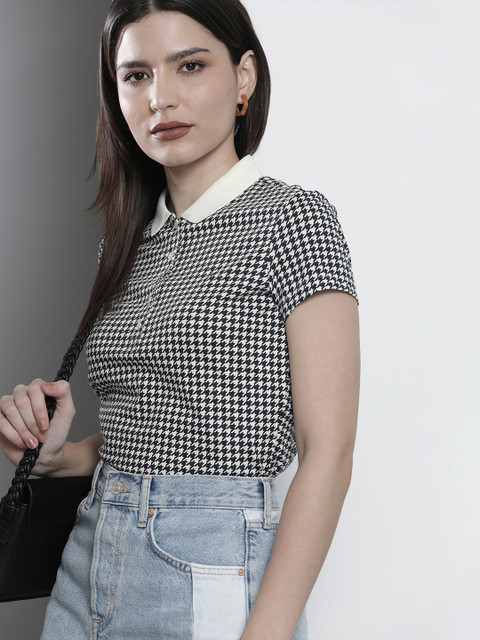 

Tommy Hilfiger Women Black & White Printed Polo Collar Slim Fit T-shirt