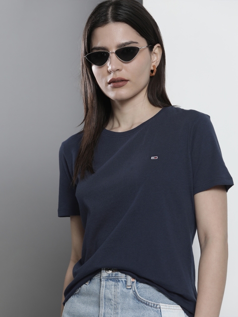 

Tommy Hilfiger Women Navy Blue Solid Pure Cotton Slim Fit T-shirt