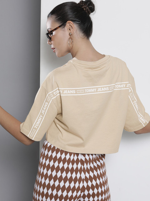 

Tommy Hilfiger Women Beige Typography Printed Drop-Shoulder Sleeves Pure Cotton T-shirt