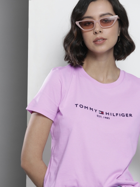 

Tommy Hilfiger Women Lavender Brand Logo Printed Pure Cotton T-shirt