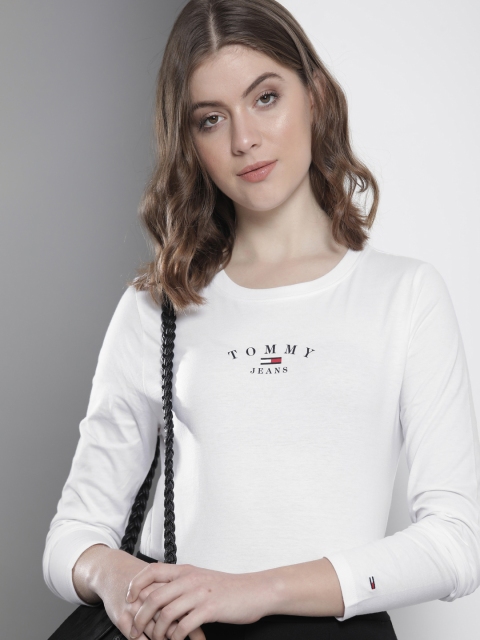 

Tommy Hilfiger Women White Brand Logo Printed Pure Cotton Slim Fit T-shirt