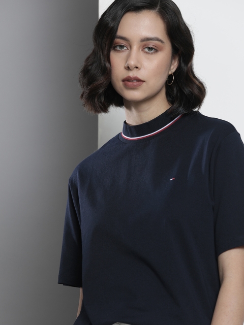 

Tommy Hilfiger Women Navy Blue High Neck Pure Cotton T-shirt