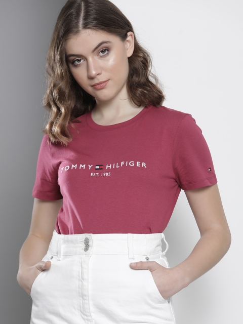

Tommy Hilfiger Women Pink & White Brand Logo Embroidered Organic Cotton T-shirt