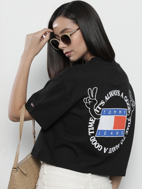 

Tommy Hilfiger Women Black Graphic Printed Pure Cotton Oversized Crop T-shirt
