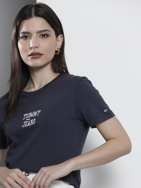 

Tommy Hilfiger Women Navy Blue Brand Logo Printed Pure Cotton Slim Fit T-shirt