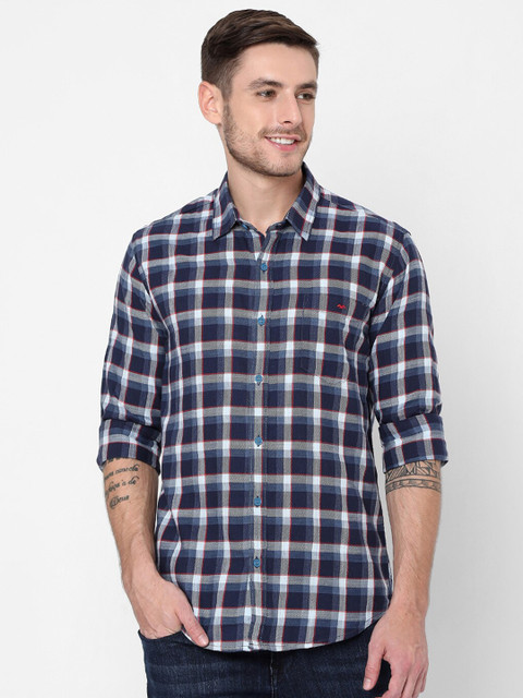 

Mufti Men Navy Blue Slim Fit Checked Pure Cotton Casual Shirt