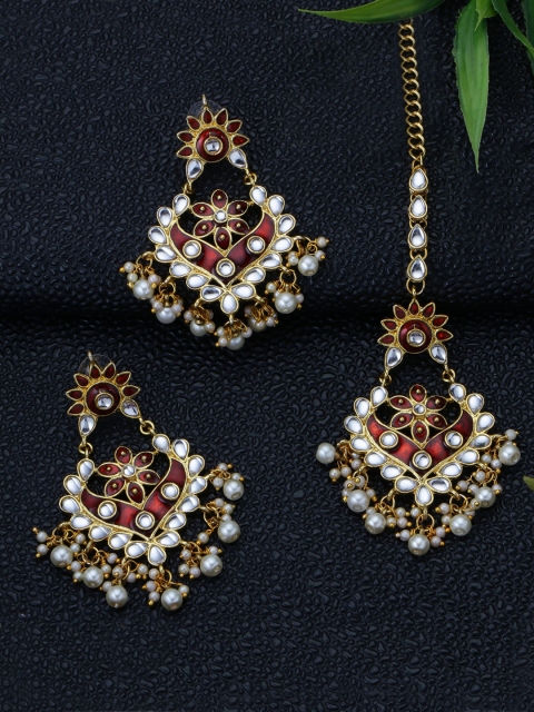 

LIVE EVIL Maroon & Gold-Toned Kundan Studded Maang Tika With Earrings Set
