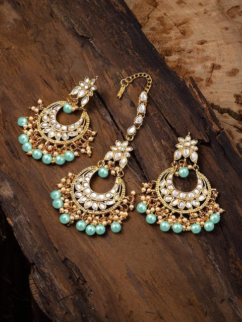 

LIVE EVIL Sea Green & Gold-Toned & Plated Kundan Maang Tikka With Earrings Set