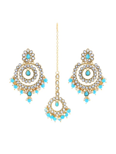 

LIVE EVIL Blue & Gold-Toned & Plated Kundan Maang Tikka With Earrings Set