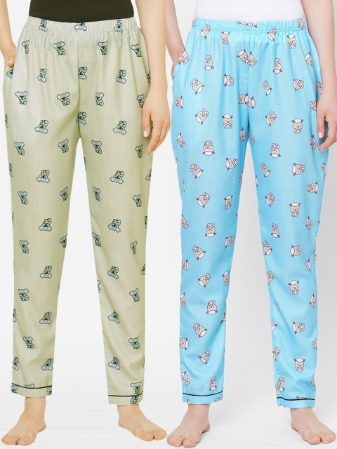 

FashionRack Women Blue & Green Pack of 2 Printed Cotton Lounge Pants