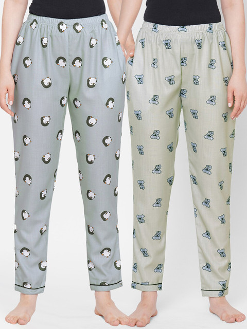 

FashionRack Women Pack Of 2 Olive & Grey Printed Lounge Pants