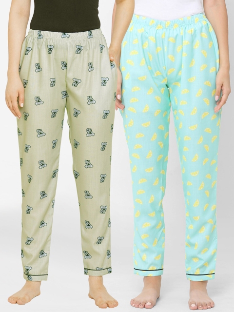 

FashionRack Women Pack Of 2 Sea Green & Olive Green Printed Cotton Lounge Pants