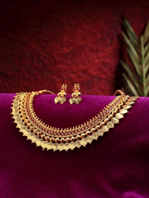

ZENEME Gold-Plated Red Pearl Studded Temple Jewellery Set