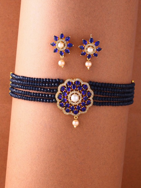 

ZENEME Gold-Plated Blue & White AD Studded & Beaded Jewellery Set