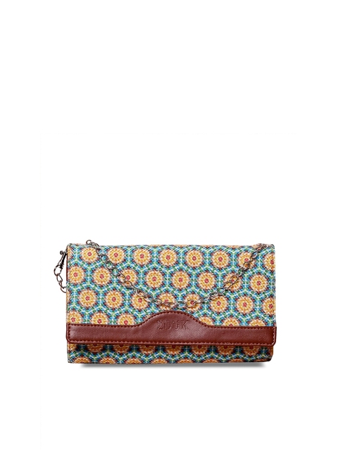 

ZOUK Women Blue & Brown Geometric Woven Design Envelope Wallet With Sling Strap