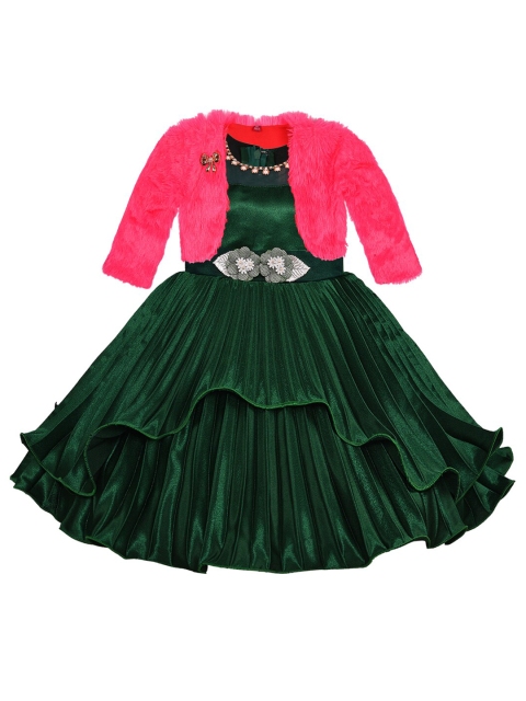 

Wish Karo Green Accordion Pleats Embellished Satin Dress with Pink Faux Fur Bolero