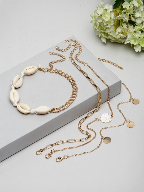 

Ferosh Women Set of 4 Gold-Toned & Off-White Bahari Shell & Pearls Link Bracelets