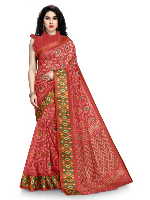

KALINI Red & Green Ethnic Motifs Printed Zari Block Print Saree