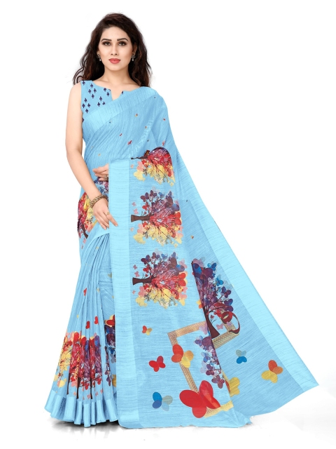 

KALINI Blue & Red Floral Zari Block Print Saree