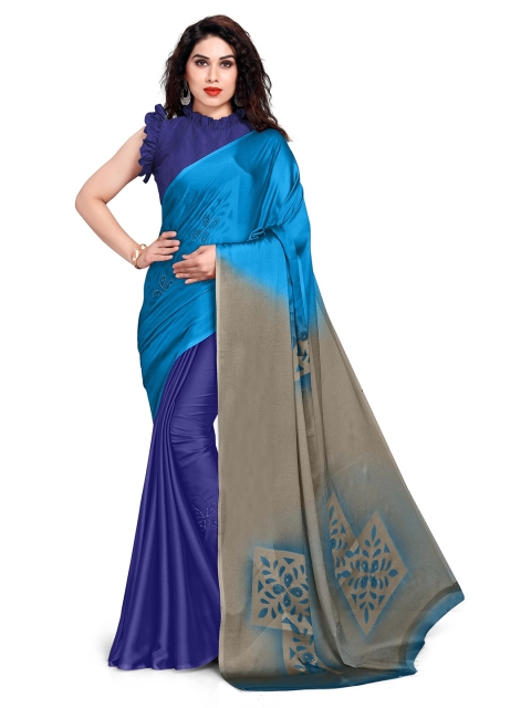 

KALINI Turquoise Blue & Grey Embellished Beads and Stones Block Print Saree