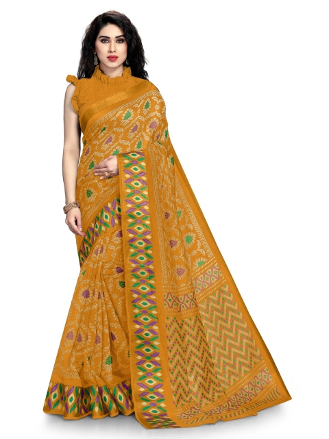 

KALINI Mustard & Green Ethnic Motifs Zari Block Print Saree