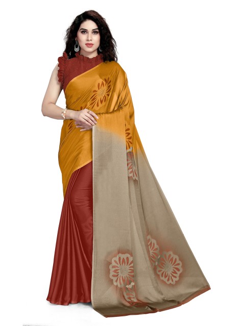 

KALINI Mustard & Brown Floral Half and Half Block Print Saree