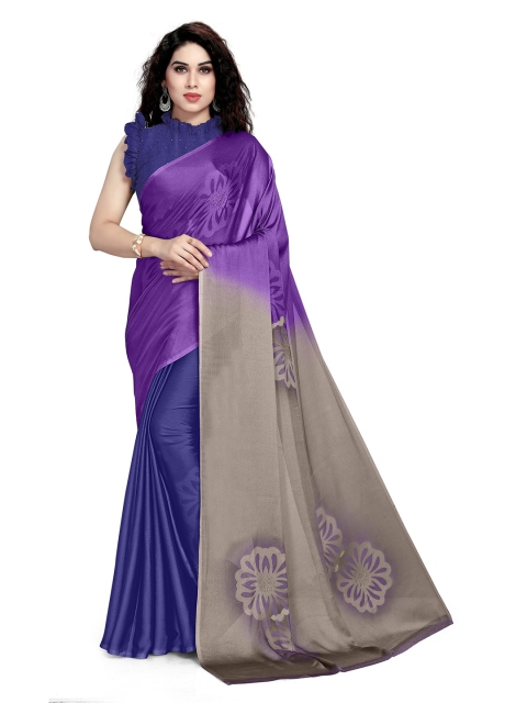 

KALINI Purple & Violet Embellished Beads and Stones Half and Half Block Print Saree