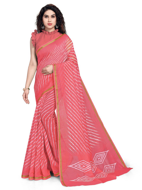 

KALINI Pink & White Striped Zari Leheriya Saree